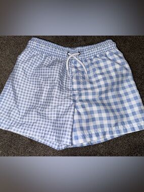 Boy’s Light Blue Gingham Swim Trunks